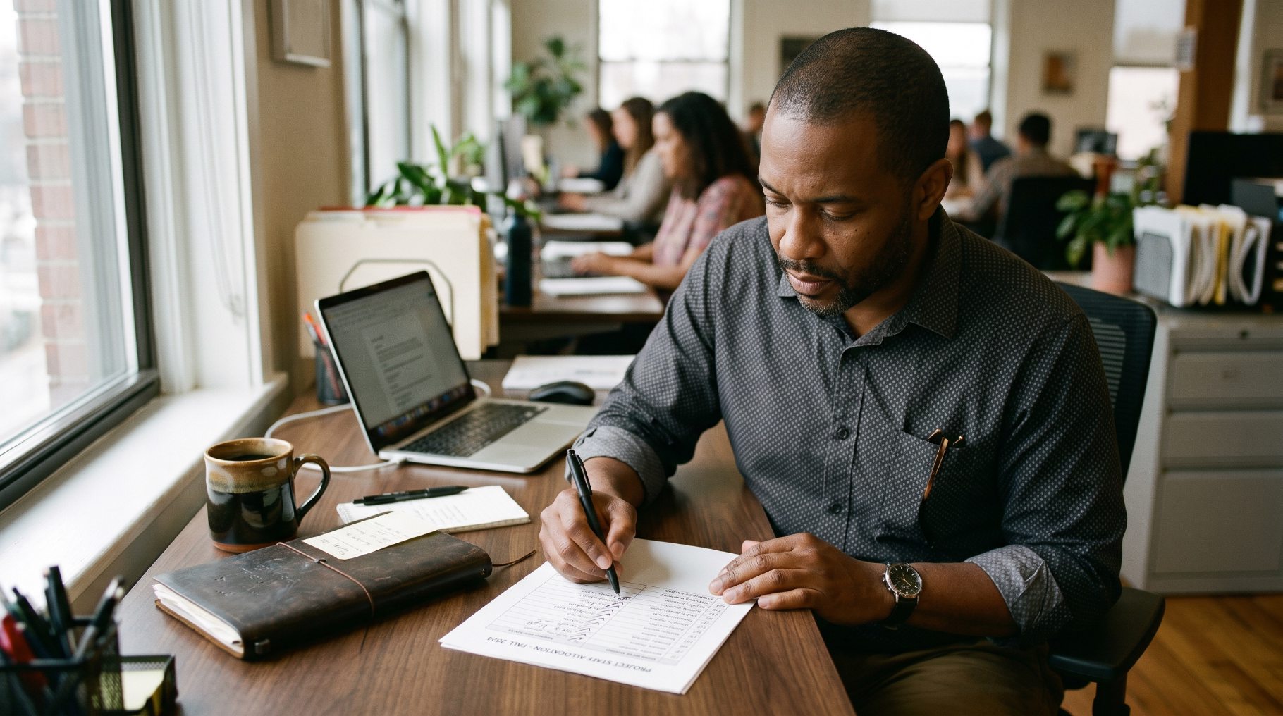 An auditor reviewing printed records at a desk in a busy office